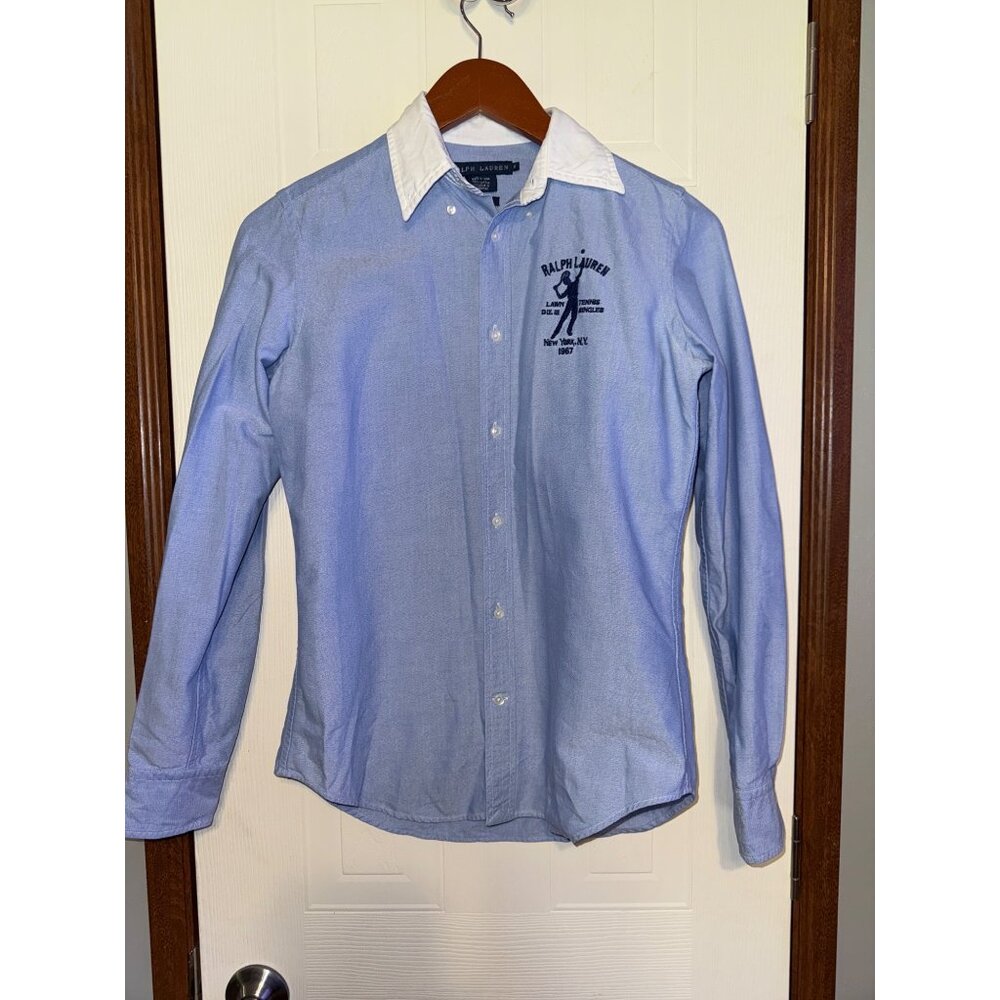 Polo Ralph Lauren Slim Fit Embroidered Blue Lawn Tennis Player Shirt‎ Size 6